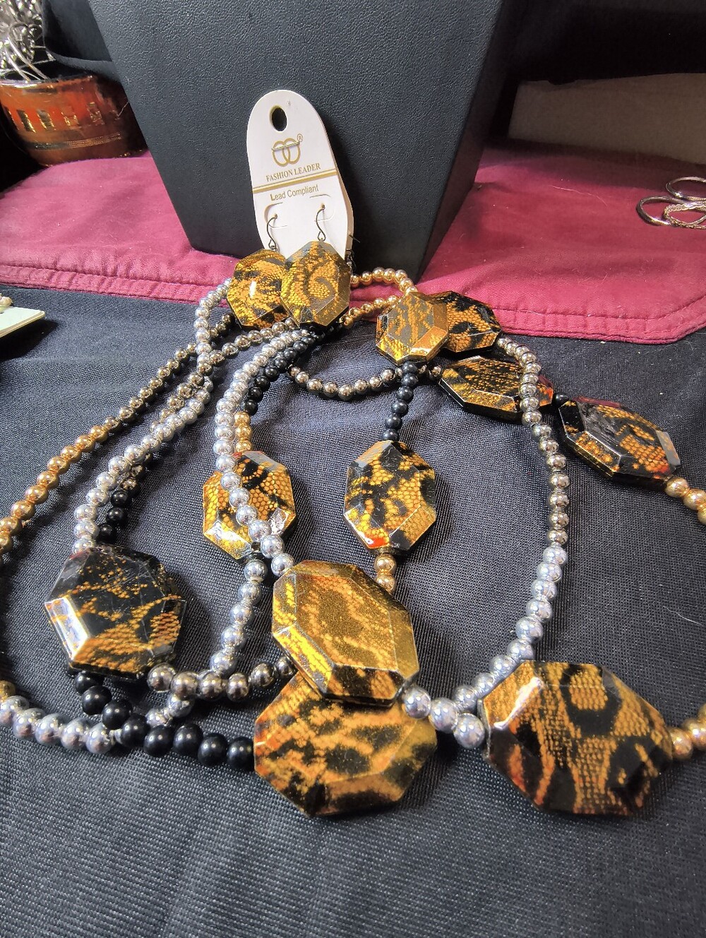 Vintage 90s Leopard Print Acrylic Necklace Earrings Set Long Statement Piece - Picture 8 of 11
